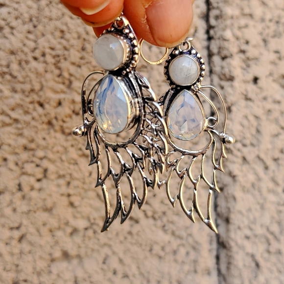 New Opal Opalite & Rainbow Moonstone 925 Silver Wings Earrings. - Picture 4 of 16